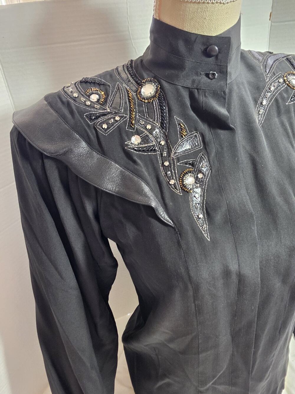 Michelle Stuart 80's Vtg Sz S Silk Satin Puff Sleeve Button Front Leather Collar